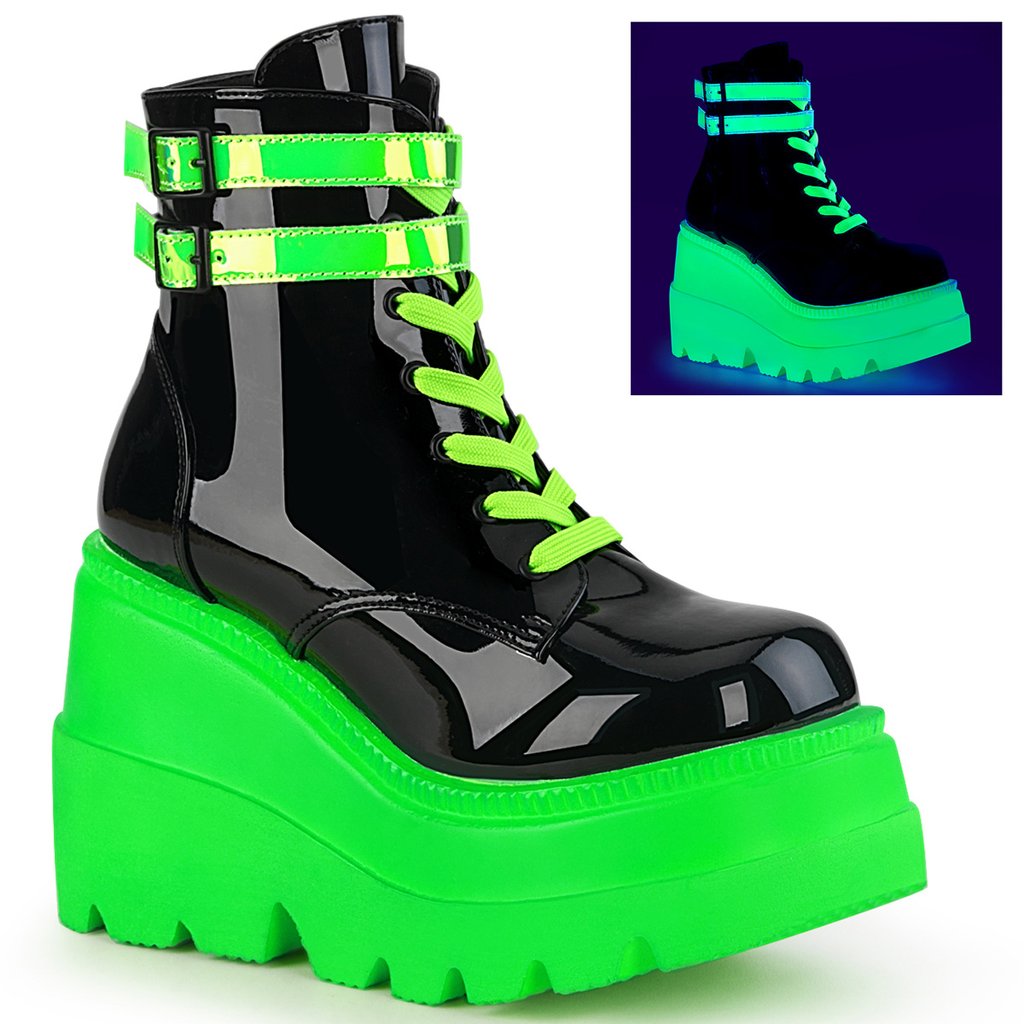 Bottines Demonia Shaker 52 Brevet UV Femme - Noir/Vert 85017-SDUF